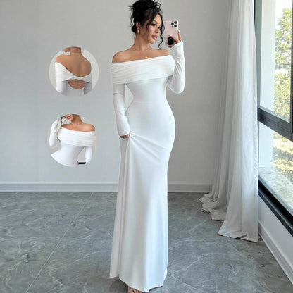 Damen elegantes Schulterfreies Langarm-Maxi-Kleid mit raffinierten Rückendetails Stalluxe
