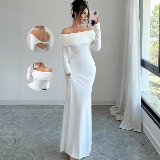 Damen elegantes Schulterfreies Langarm-Maxi-Kleid mit raffinierten Rückendetails Stalluxe