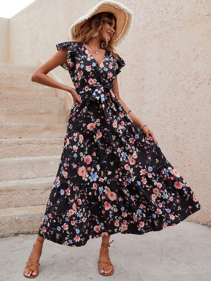 Damen Maxikleid mit floralen Volantärmeln und Taillengürtel Stalluxe
