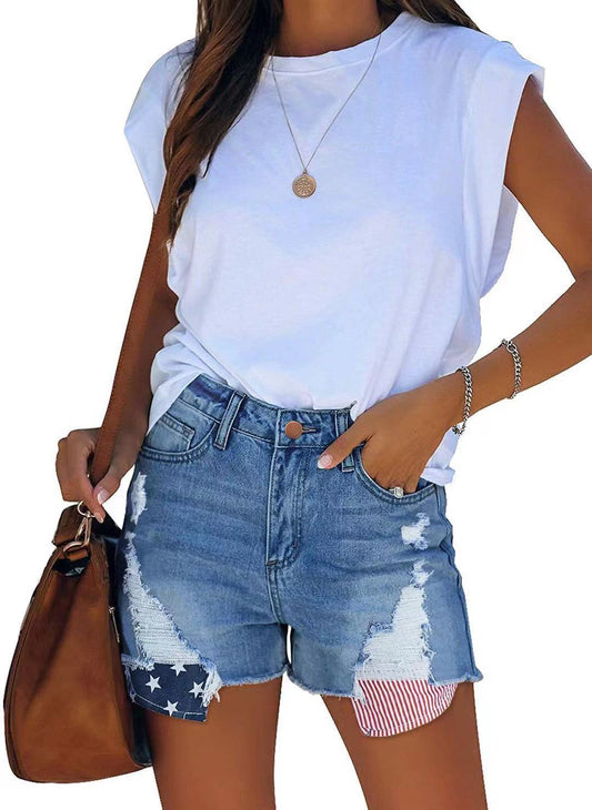 Damen Jeans-Shorts mit modischem Stars-and-Stripes-Muster und fransigen Details Stalluxe