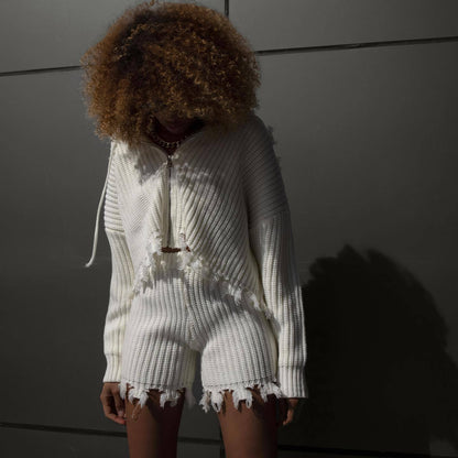 Damen Sportliches Hoodie-Shorts-Set mit einzigartigen Fransen Stalluxe