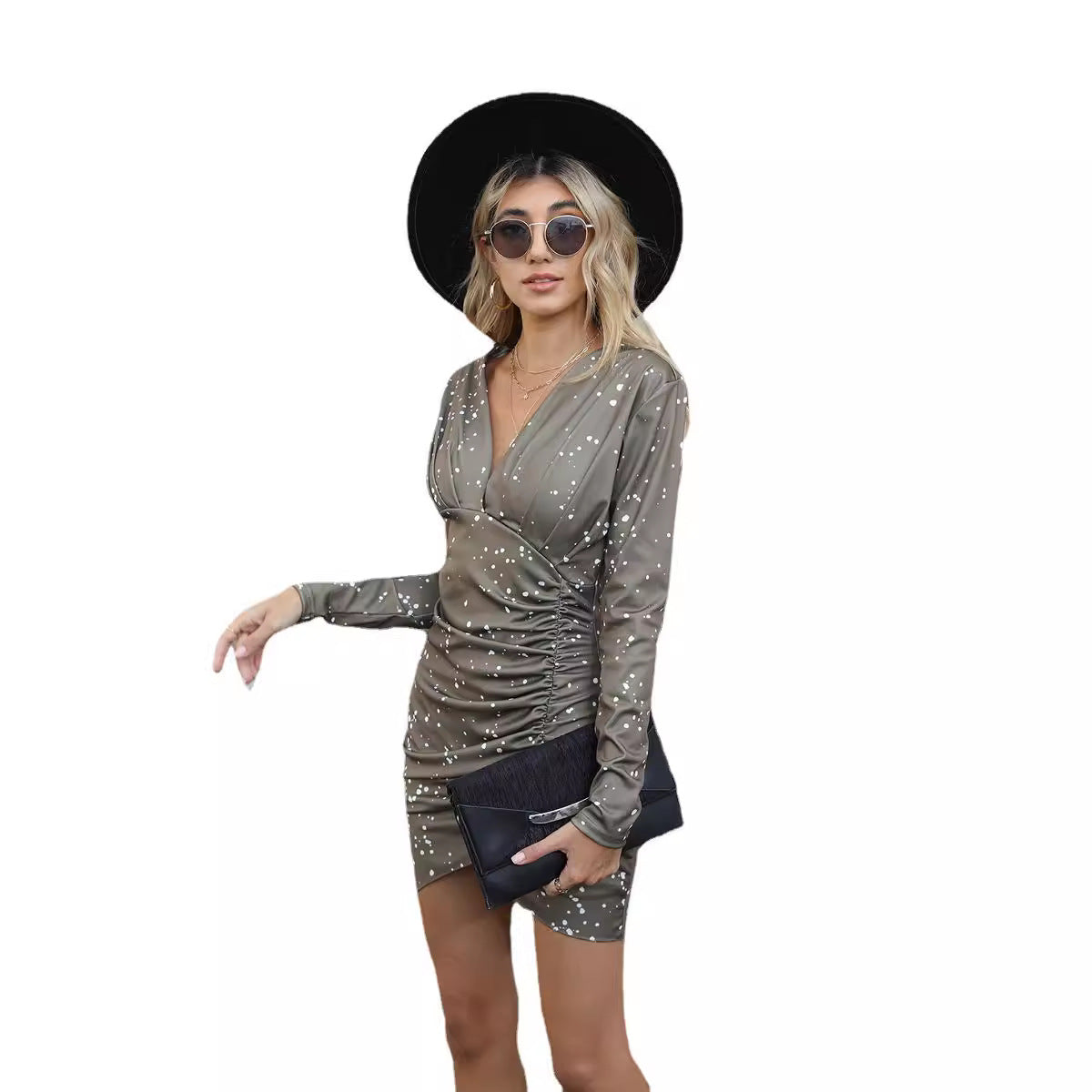 Damen Wickelkleid mit Raffungen und tiefem V-Ausschnitt Stalluxe