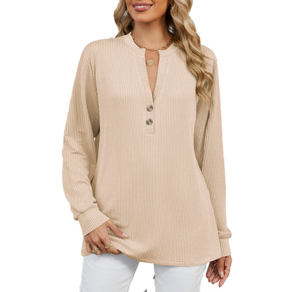 Damen Langarmshirt mit modischem Henley-Ausschnitt und strukturierter Ripptextur Stalluxe