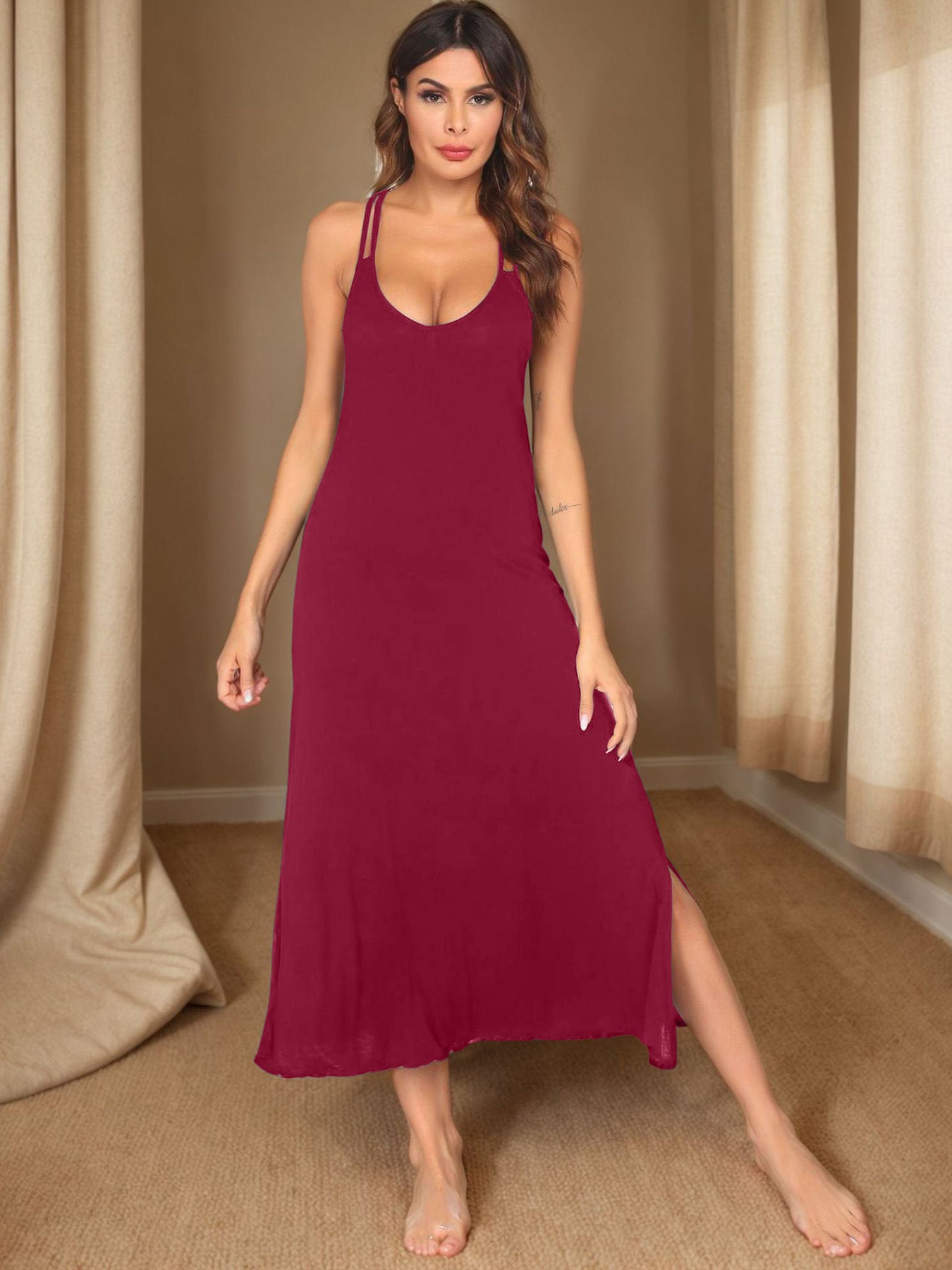Damen ärmelloses Spaghetti-Träger-Maxikleid mit seitlichen Schlitzen Stalluxe