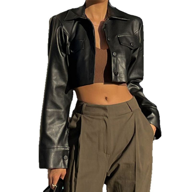Damen Modische Cropped-Lederjacke mit Brusttaschen Stalluxe