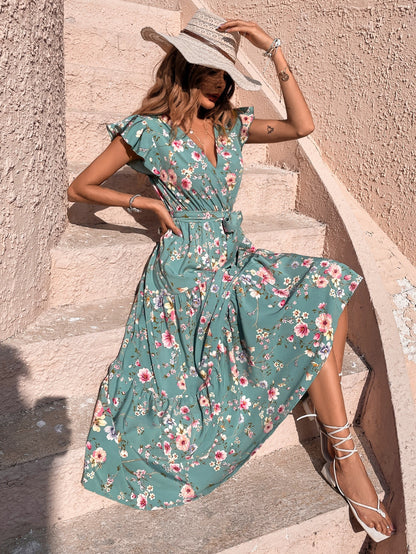 Damen Maxikleid mit floralen Volantärmeln und Taillengürtel Stalluxe