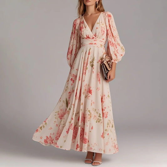 Damen Maxikleid mit tiefem V-Ausschnitt und voluminösen Ärmeln Stalluxe
