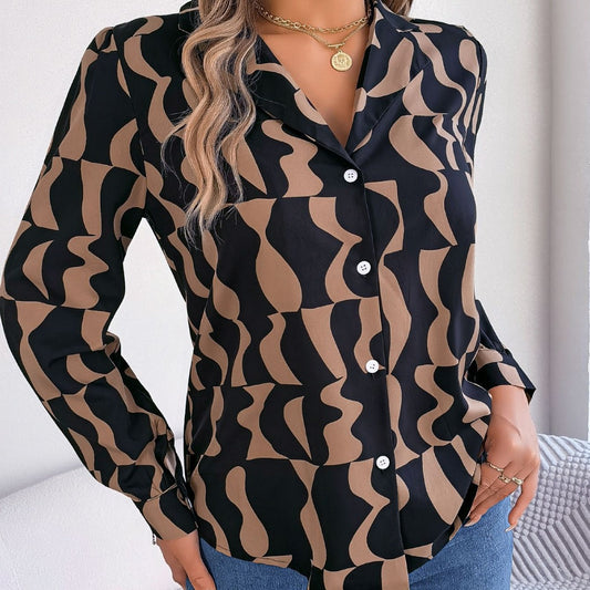 Damen Bluse mit modischem Grafikdruck und elegantem Kragen Stalluxe