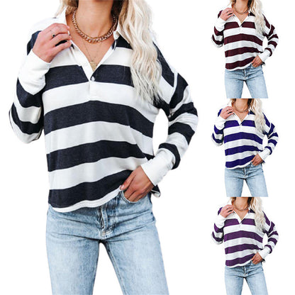 Damen lässiges Langarmshirt mit Streifenmuster und Knopfleiste Stalluxe