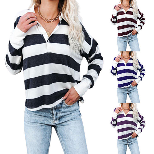 Damen lässiges Langarmshirt mit Streifenmuster und Knopfleiste Stalluxe