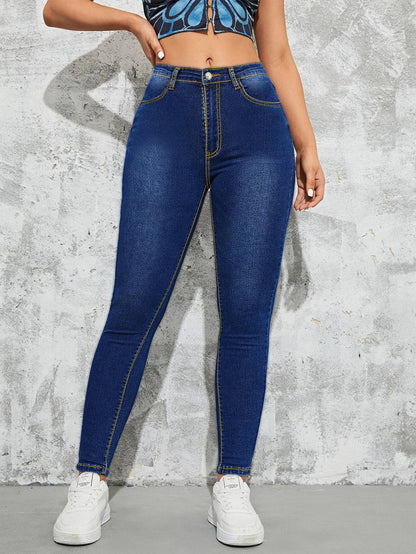 Damen Hochtaillierte Skinny Jeans mit elastischem Komfort und Nähteffekten Stalluxe Dunkelblau