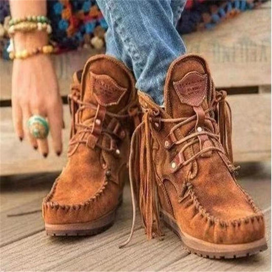 Damen Mokassinstiefel mit modischen Fransen und eleganten Schnürungen Stalluxe