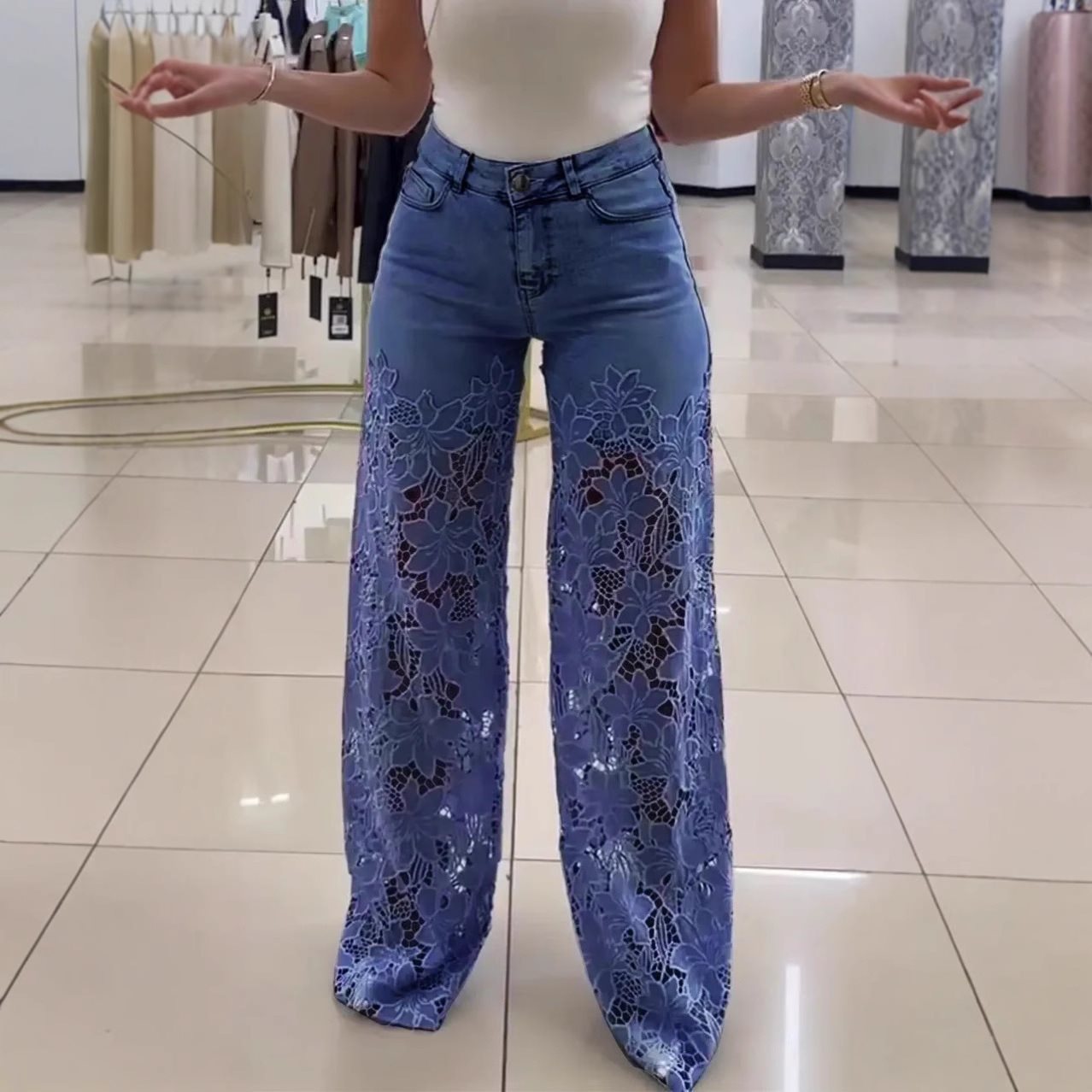 Damen Weite Palazzo-Jeans mit floralem Spitzenmotiv Stalluxe