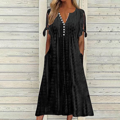 Damen luftiges Midikleid mit dekorativen Lochmustern und praktischen Taschen Stalluxe