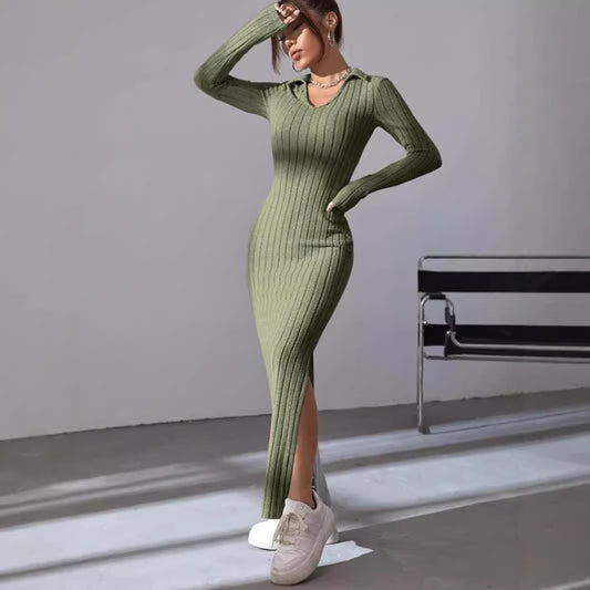 Damen Langärmliges Rippkleid mit Slit und Kragen Stalluxe