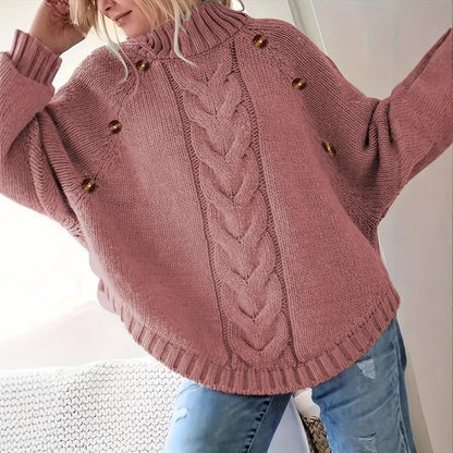 Damen Lockere Strickpullover mit hohem Kragen und dekorativen Knöpfen Stalluxe