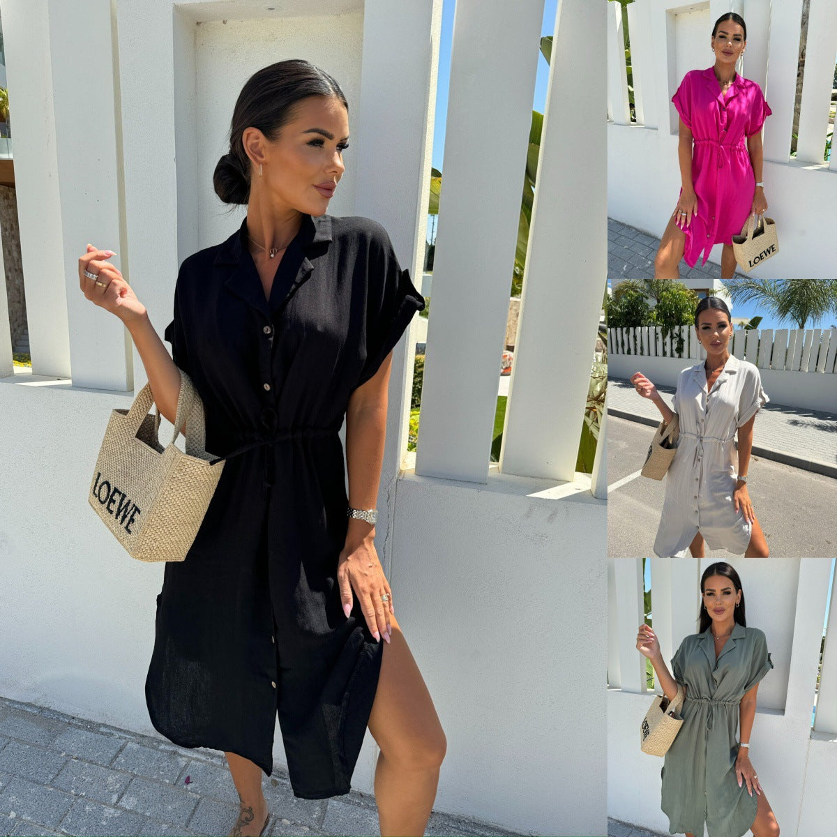 Damen Kurzarm Hemdblusenkleid mit Taillenzug Stalluxe