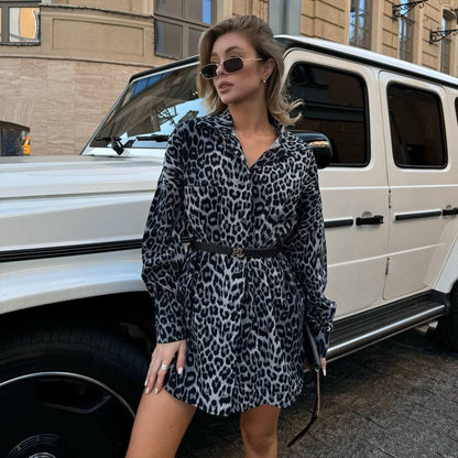 Damen Zebra-Muster Hemdblusen-Kleid mit bindbarem Taillengürtel Stalluxe