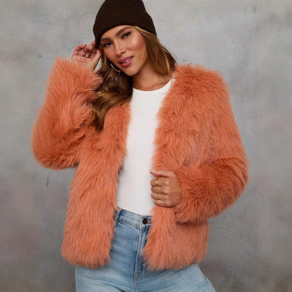 Damen kuschelige Kunstpelzjacke mit offener Front und voluminösen Ärmeln Stalluxe