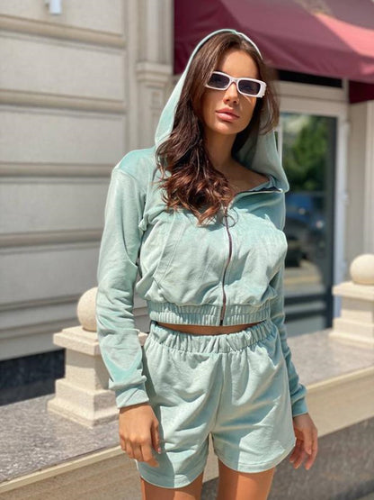 Damen modischer Kapuzenpullover mit passenden Shorts Stalluxe