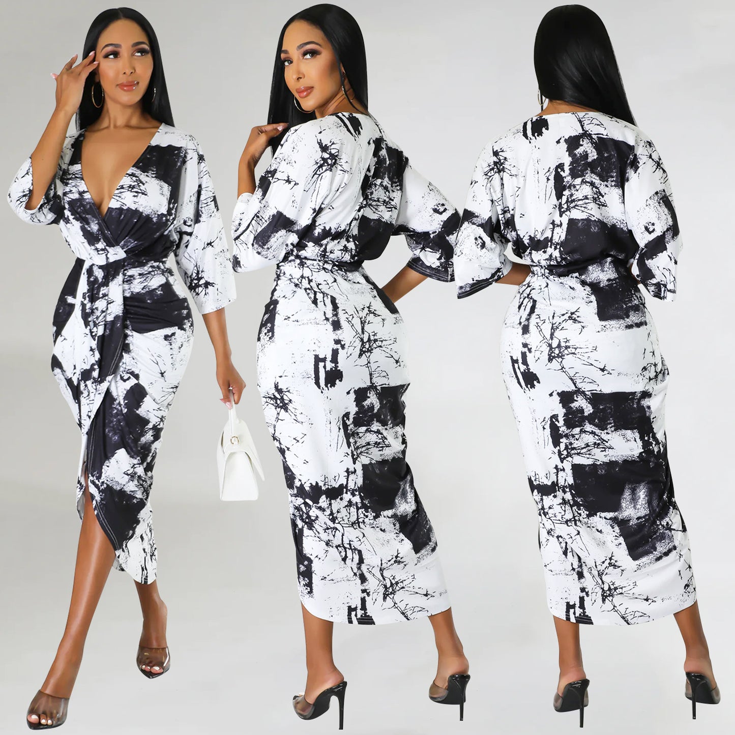 Damen Maxikleid im eleganten Wickelstil mit auffälligem Marmorprint Stalluxe