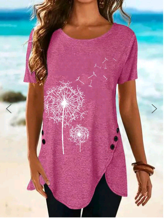 Damen Kurzarmshirt mit asymmetrischem Saum und Dandelion-Print Stalluxe