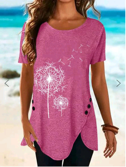 Damen Kurzarmshirt mit asymmetrischem Saum und Dandelion-Print Stalluxe