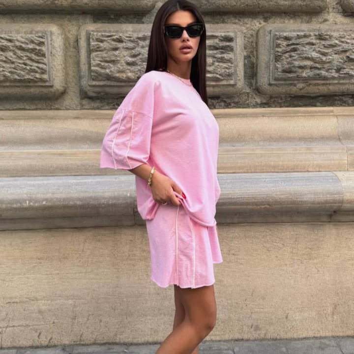 Damen lässiges Freizeit-Set mit oversized Oberteil und Shorts Stalluxe