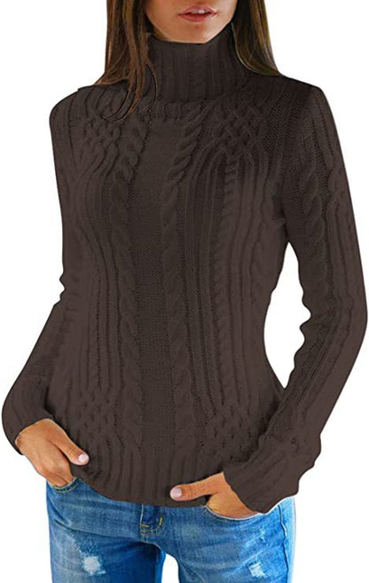 Damen Pullover mit hohem Kragen und Zopfmuster Stalluxe Dunkelkaffee