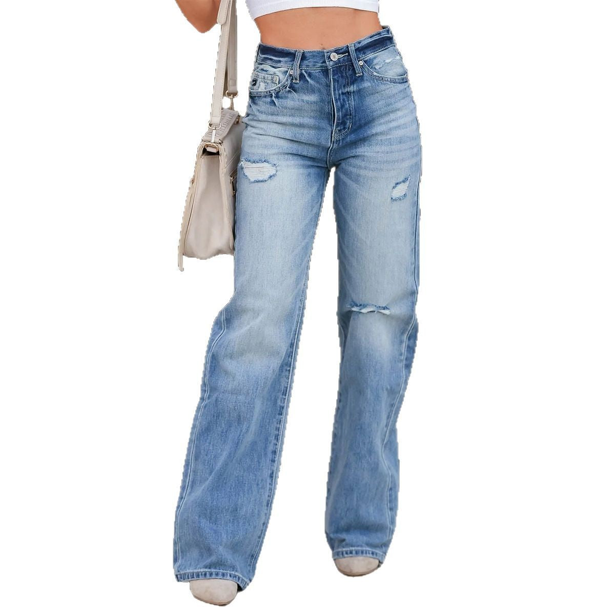 Damen Weit geschnittene High-Waist Jeans mit modischen Destroyed-Details Stalluxe