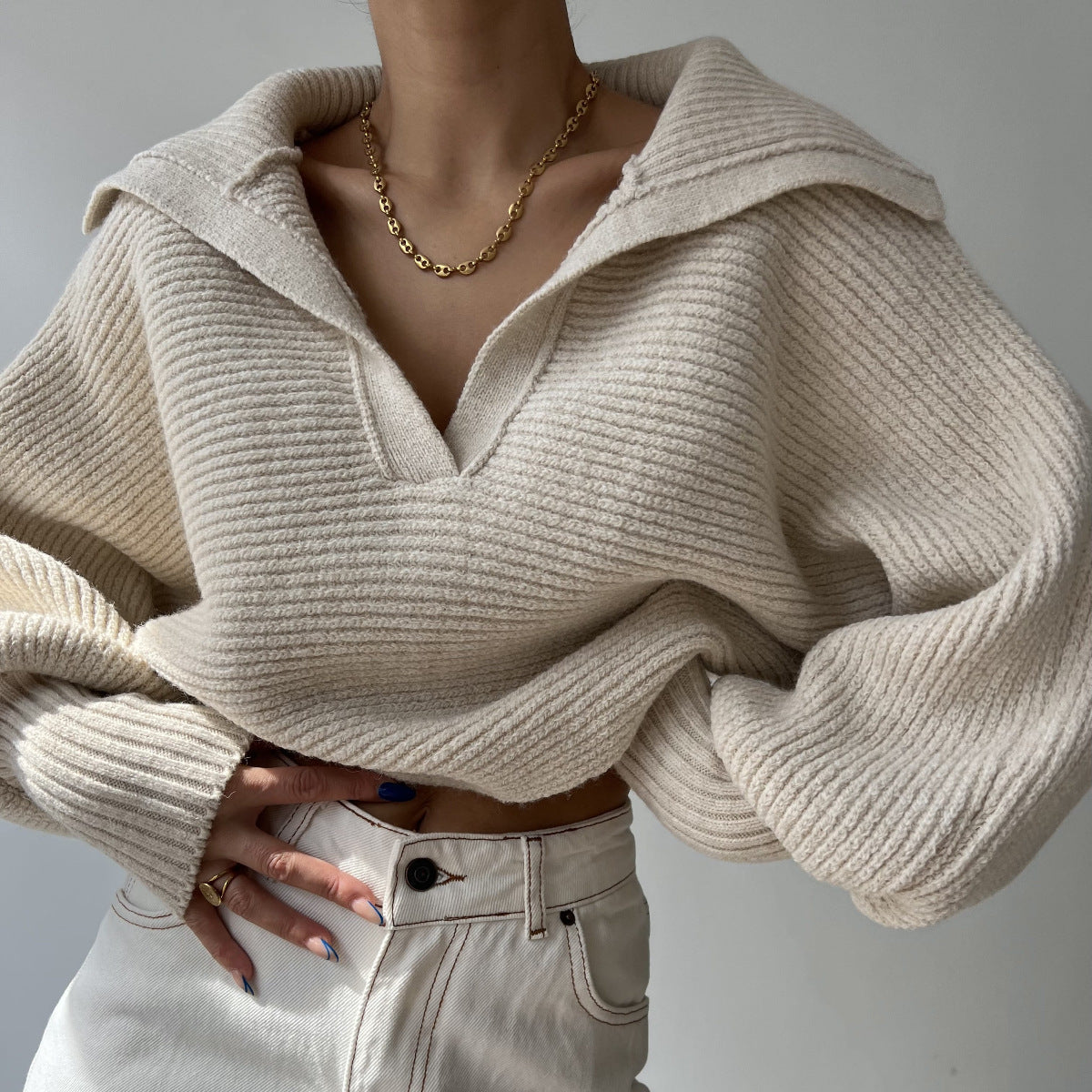 Damen cropped Strickpullover mit weitem Schnitt und angesagtem Kragen Stalluxe