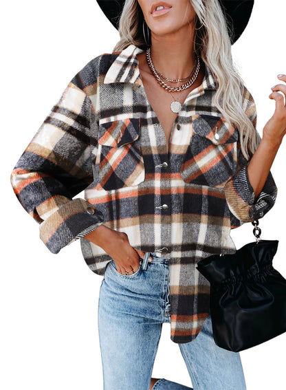 Damen Karo-Hemdenjacke im Oversized-Stil mit Druckknopfverschluss Stalluxe