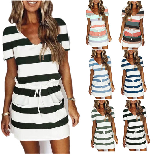 Women's Casual Striped Mini Dress with Adjustable Waist Stalluxe