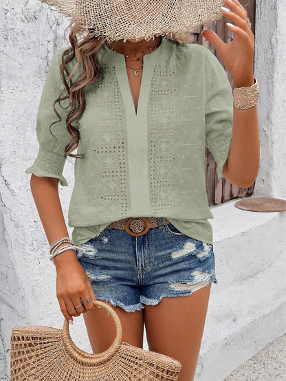 Damen Bluse mit dekorativen Lochstickereien und kurzen Puffärmeln Stalluxe