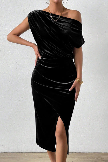 Damen elegantes Wickelkleid mit asymmetrischem Ausschnitt und seitlichem Schlitz Stalluxe