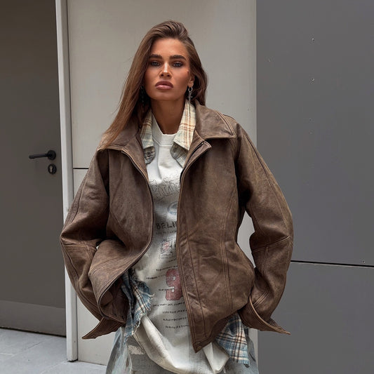 Damen Lederjacke mit lässigem Schnitt und oversized Passform Stalluxe