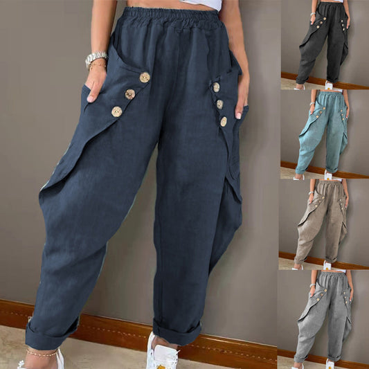 Damen Legere Leinenhose mit Knopfdetails und großen Taschen Stalluxe