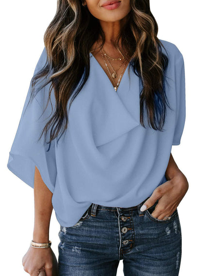 Damen elegante Bluse mit drapiertem V-Ausschnitt und weit geschnittenen Ärmeln Stalluxe