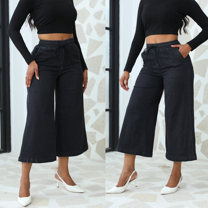 Damen weite Denim-Hose mit elastischem Bund und Kordelzug Stalluxe