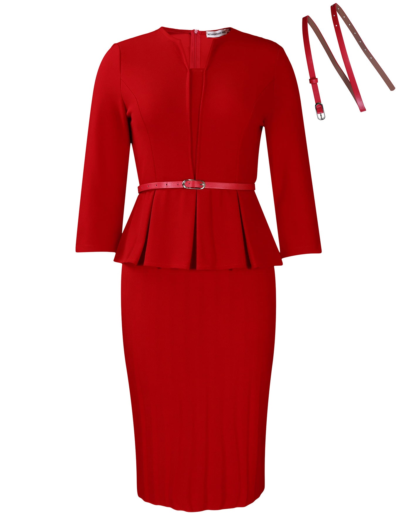 Damen Elegantes Peplum Kleid mit eingearbeitetem Taillengürtel und strukturiertem Rock Stalluxe Rot