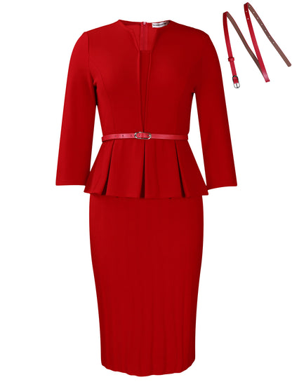 Damen Elegantes Peplum Kleid mit eingearbeitetem Taillengürtel und strukturiertem Rock Stalluxe Rot