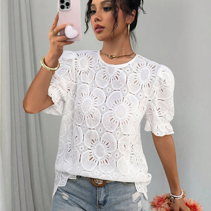 Damen Spitzenbluse mit Blumenspitze und elastischen Puffärmeln Stalluxe