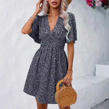 Damen Sommerliches V-Ausschnitt Kleid mit Raffung und Puffärmeln Stalluxe