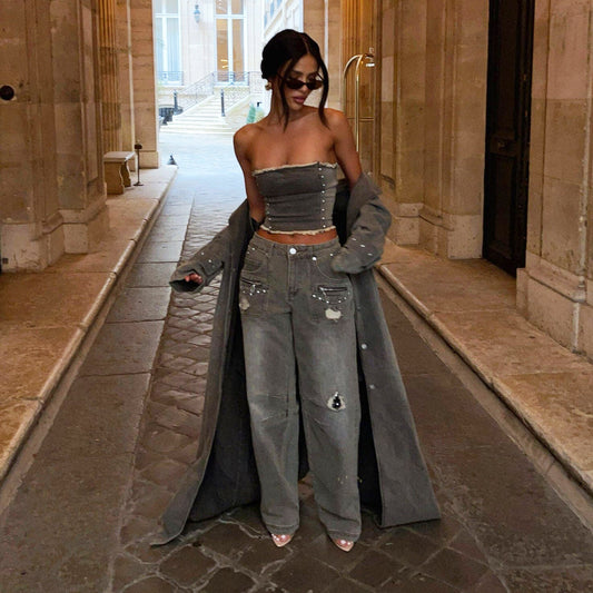 Damen Crop-Top und weiter Jeans mit dekorativen Akzenten Stalluxe