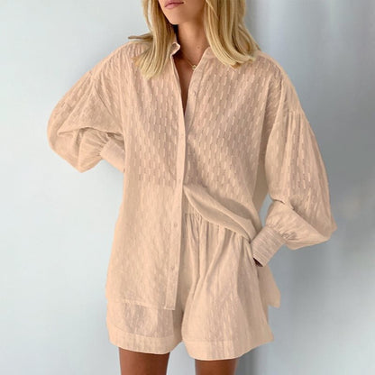 Damen lässiges Oversized Hemd mit Struktur und kurzen Hosen Stalluxe