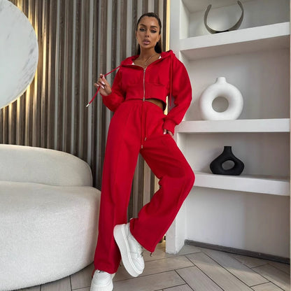 Damen sportliches Cropped Sweat-Set mit elastischem Bund und hohen Taschen Stalluxe