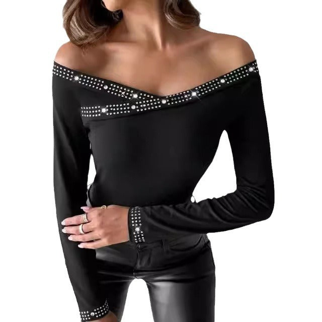 Damen Elegantes Off-Shoulder Oberteil mit Strass-Details Stalluxe