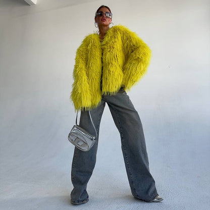 Damen Pelzjacke mit voluminösen Ärmeln und luxuriösem Schnitt Stalluxe Gelb