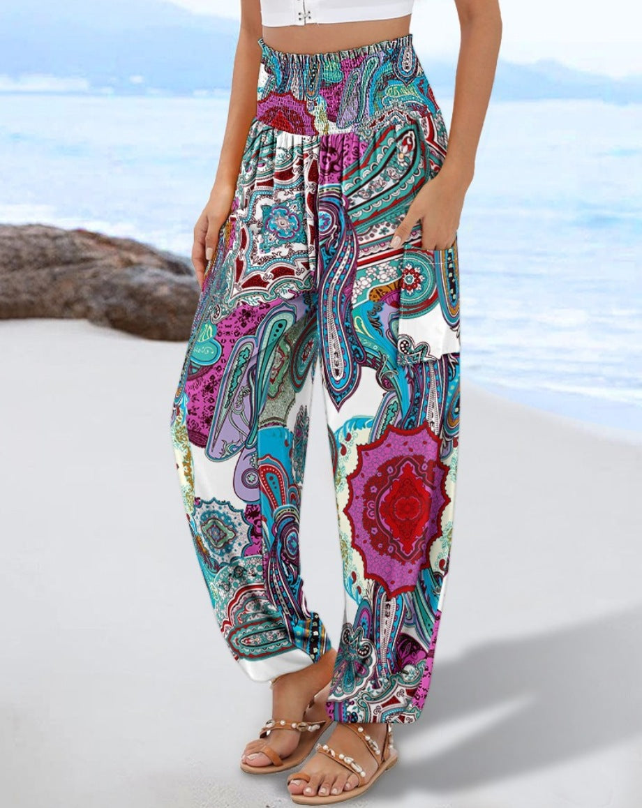 Damen weite Palazzo-Hose mit buntem Paisleymuster und elastischem Bund Stalluxe