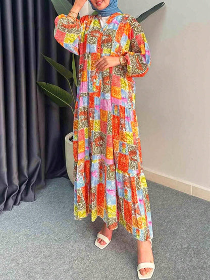 Damen Maxikleid im Boho-Stil mit buntem Patchwork-Design und weiten Ärmeln Stalluxe